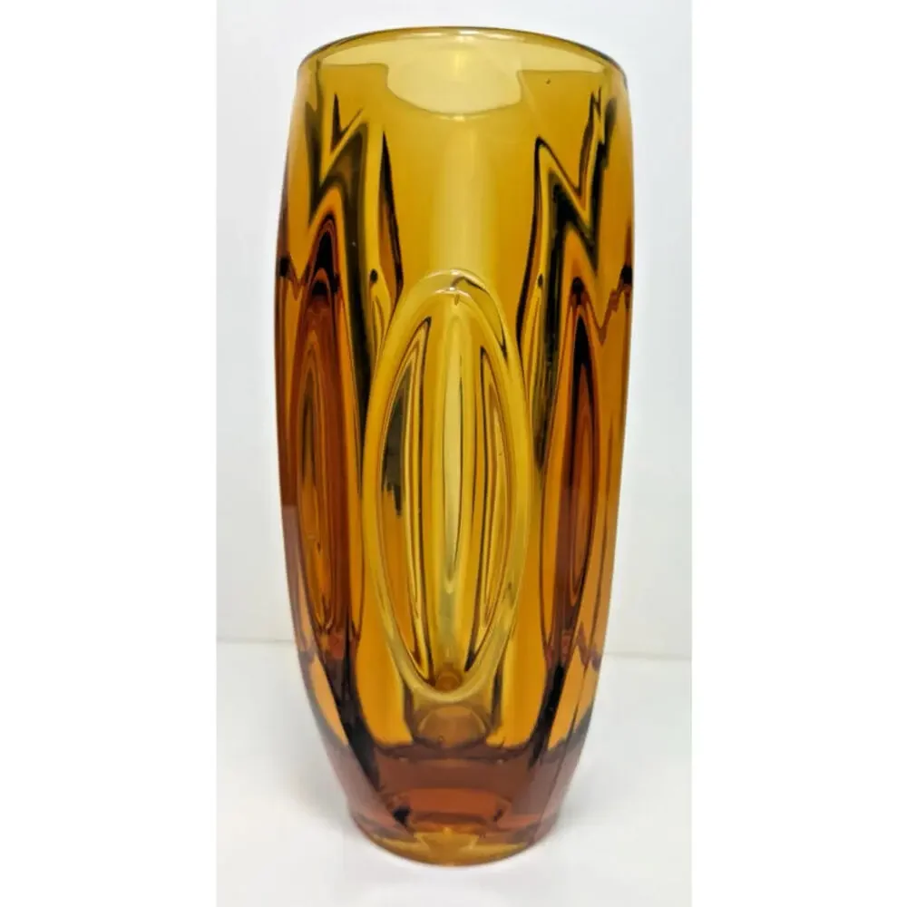 SKLO Vase Amber Yellow Glass Bullet Lens 8"H Czech 60s Mid Mod MCM Hand Blown - Picture 3 of 15